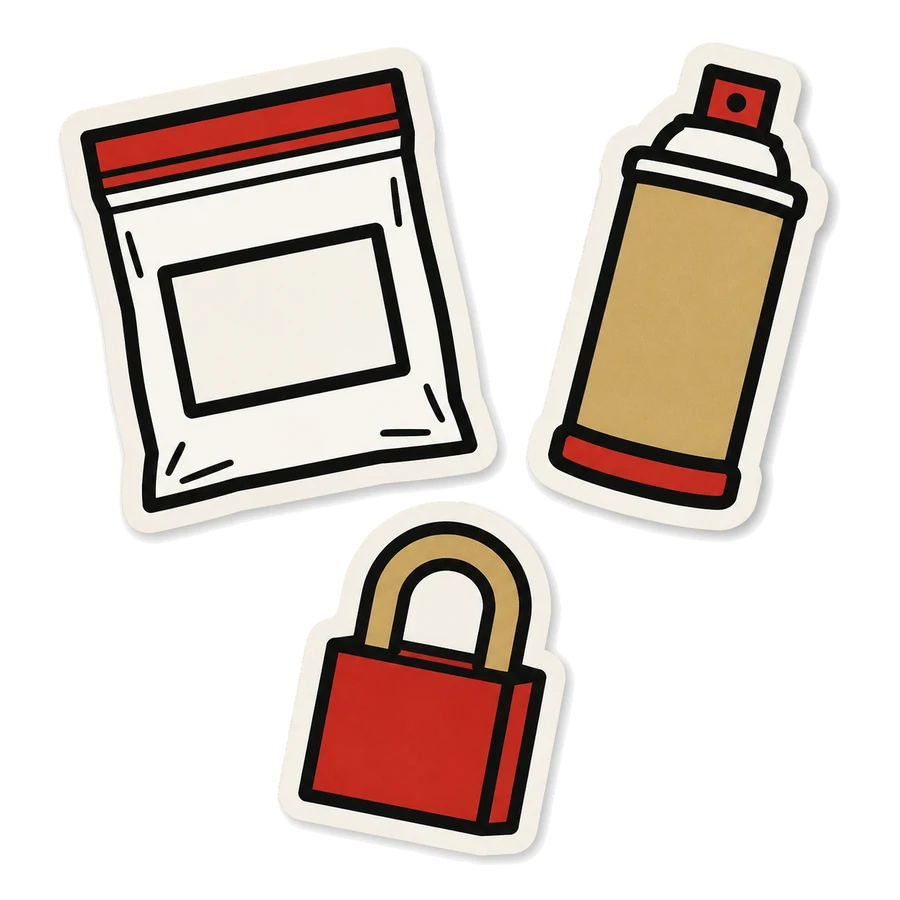 Sticker sheet: evidence bag, spray can and padlock