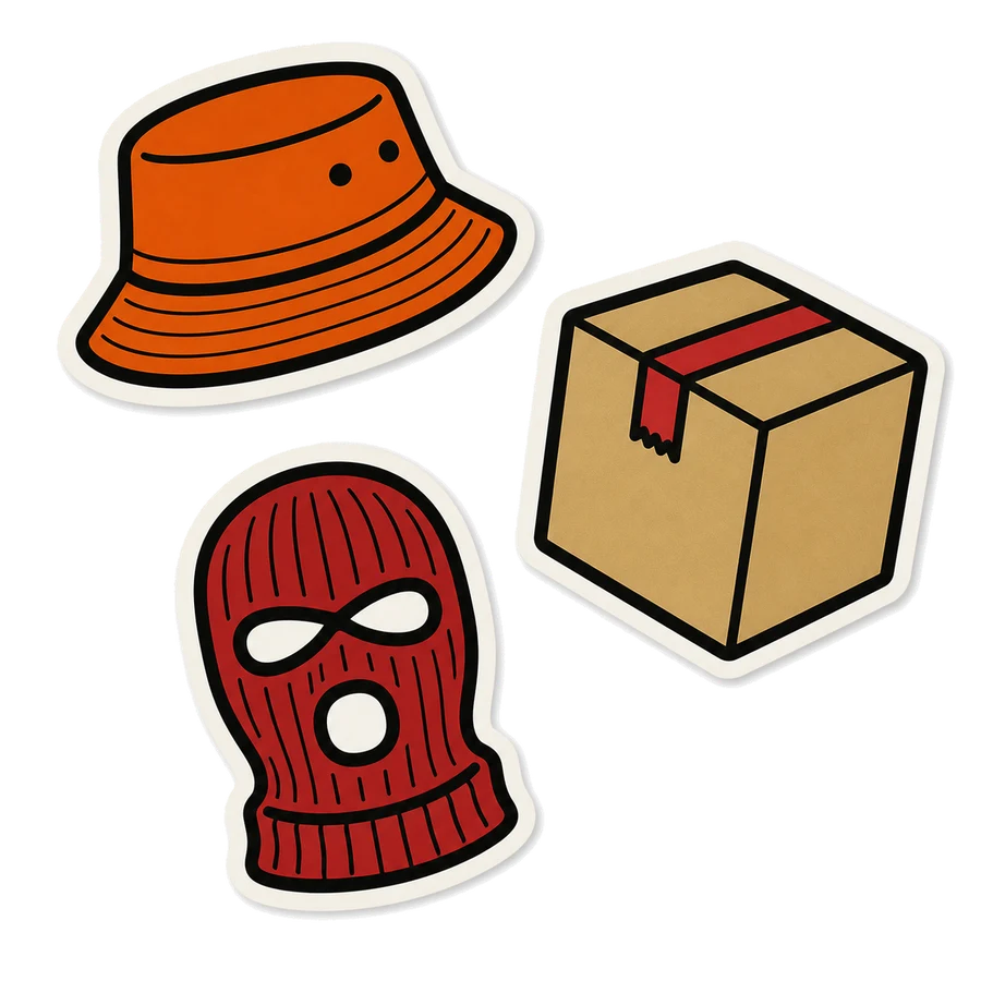 Sticker sheet: bucket hat, parcel and balaclava