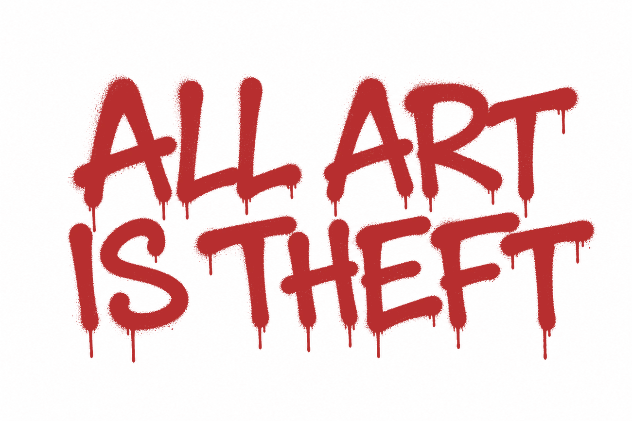 Red spray-painted tag reading All Art Is Theft